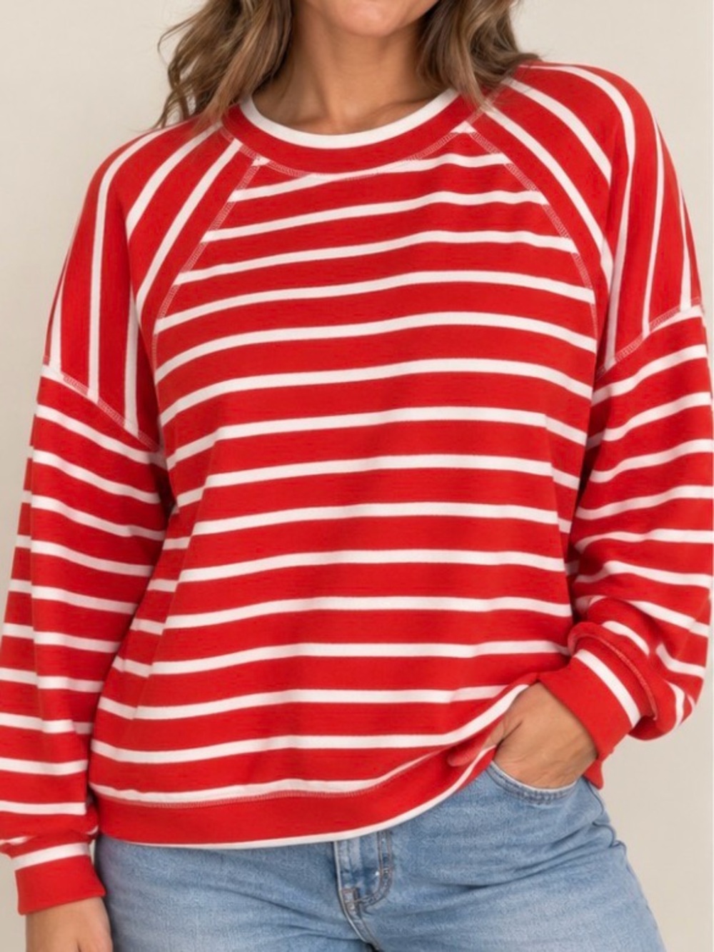 Boden Red & White Striped Sweatshirt Top Size XL